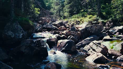 Stream-Flowing-Over-Rocks-In-The-Forest-In-Indre-Fosen,-Norway---Wide-Shot