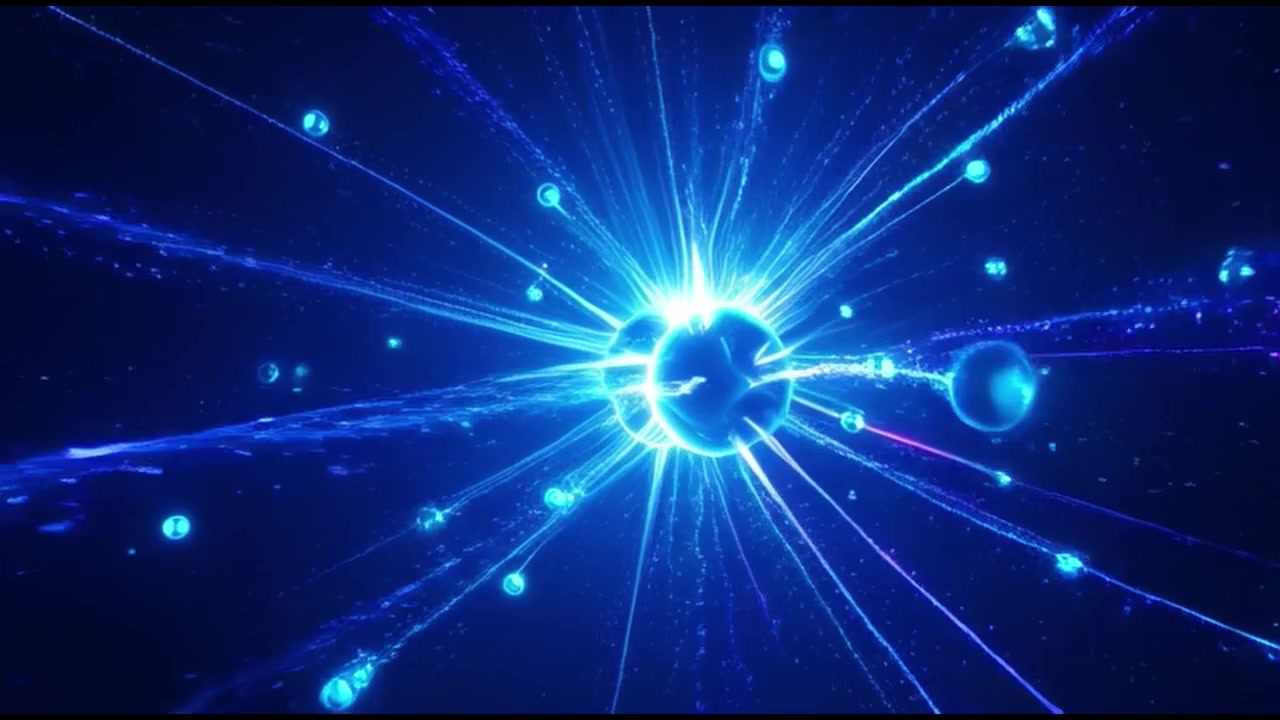 Abstract Animation of Glowing Blue Spheres and Light Rays