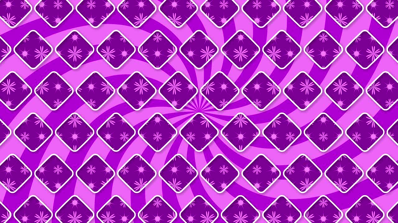 fondo de bucle sin costuras abstracto con cuadrados púrpura. vigas púrpuras curvas con rombos púrpuros. fondo en bucle animado con rayos púrpúricos