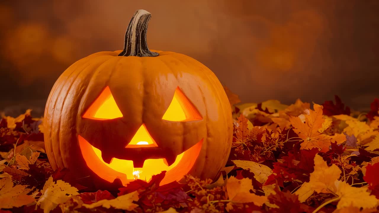 Flickering candle flame pulsing carved pumpkin and zooming camera in on autumn leaves to show grin