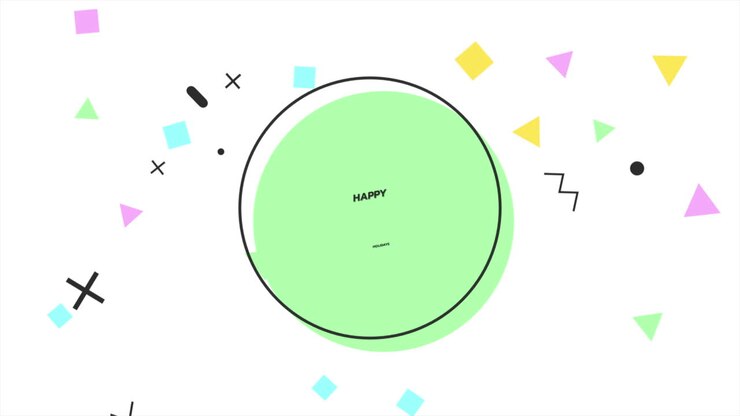 Festive green circle Happy Holidays in white font, surrounded by vibrant shapes and lines