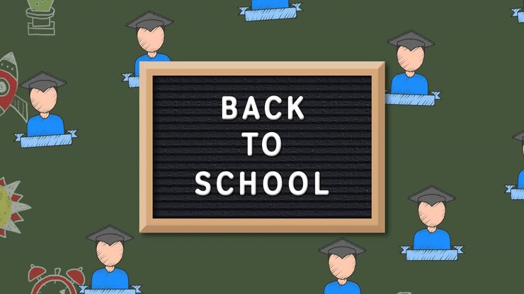 Animation of back to school text over school items icons on green background
