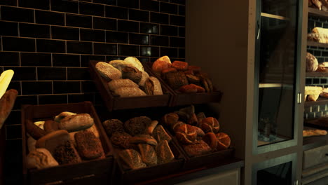 pan recién horneado en una exhibición de panadería