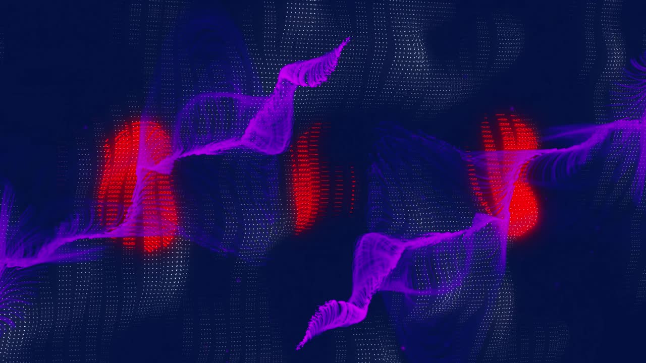 Animazione di scie luminose viola e forme rosse su sfondo blu