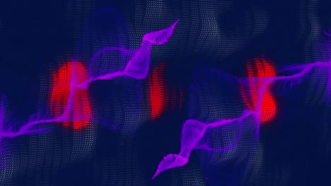 Animation-of-purple-light-trails-and-red-shapes-on-blue-background