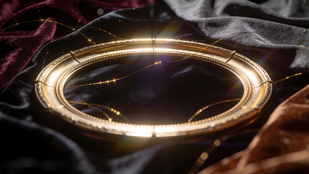 Luce cangiante che rivela un anello d'oro ornato su un tavolo di velluto, con filamenti e bagliori che mostrano i dettagli.