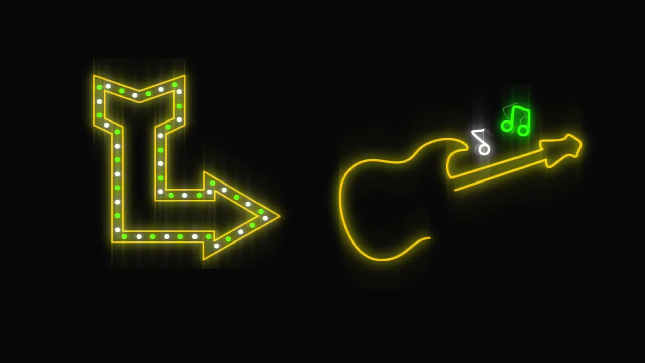 signo de neón que muestra una flecha y una guitarra