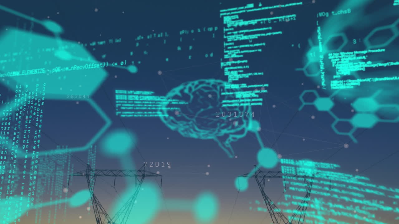 animación del procesamiento de datos y el cerebro sobre estructuras químicas y pilones.