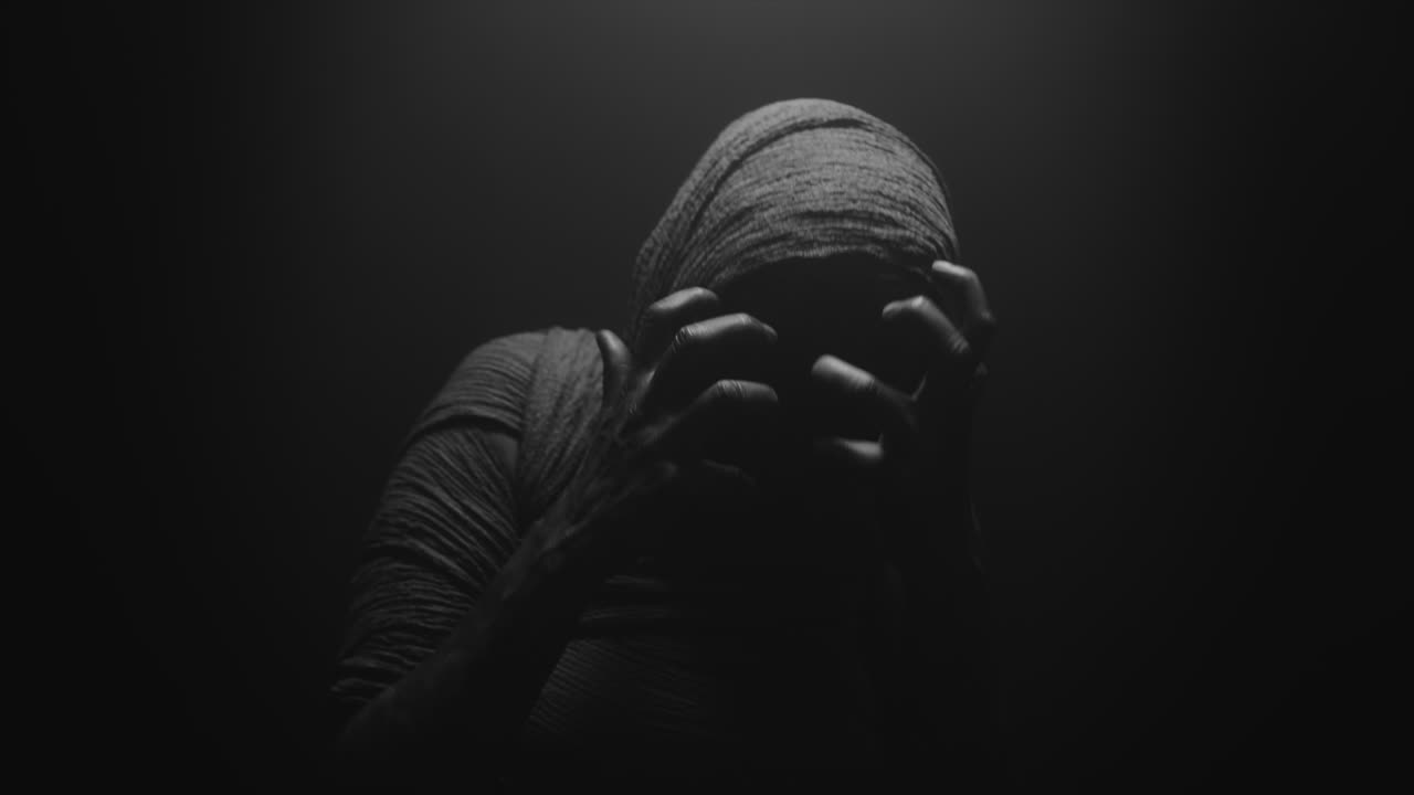 A mummy of a woman on a dark backdrop rises her head