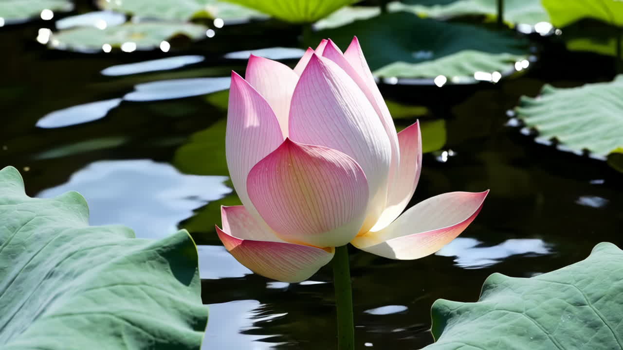 A beautiful pink and white lotus flower in a serene pond