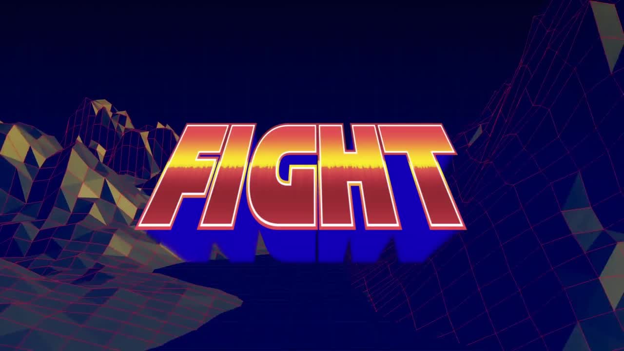 메타버스 배경에 빨간색과 파란색 글자로 싸움 텍스트의 애니메이션