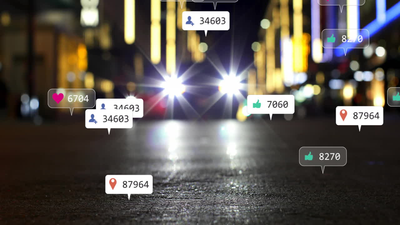 animación de iconos y procesamiento de datos fuera de enfoque de la ciudad
