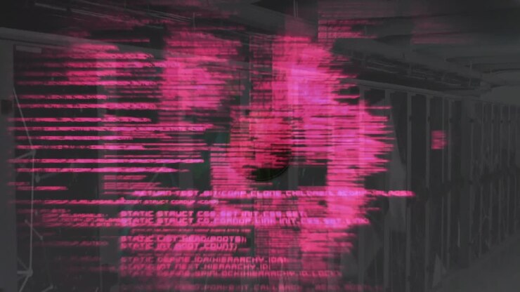 Animation of cryptocurrency text on coin over computer language and connected dots on server room