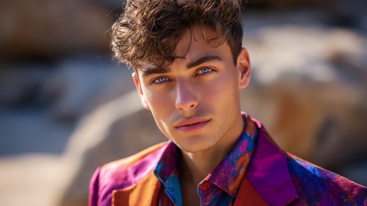 Ritratto accattivante di un giovane uomo con capelli acconciati e abbigliamento colorato, che mette in risalto i suoi tratti somatici su uno sfondo naturale