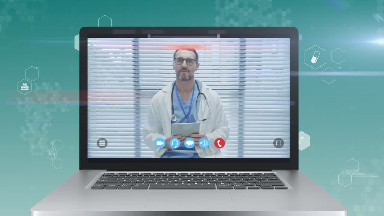 Animação da tela de um laptop mostrando um médico durante uma videochamada