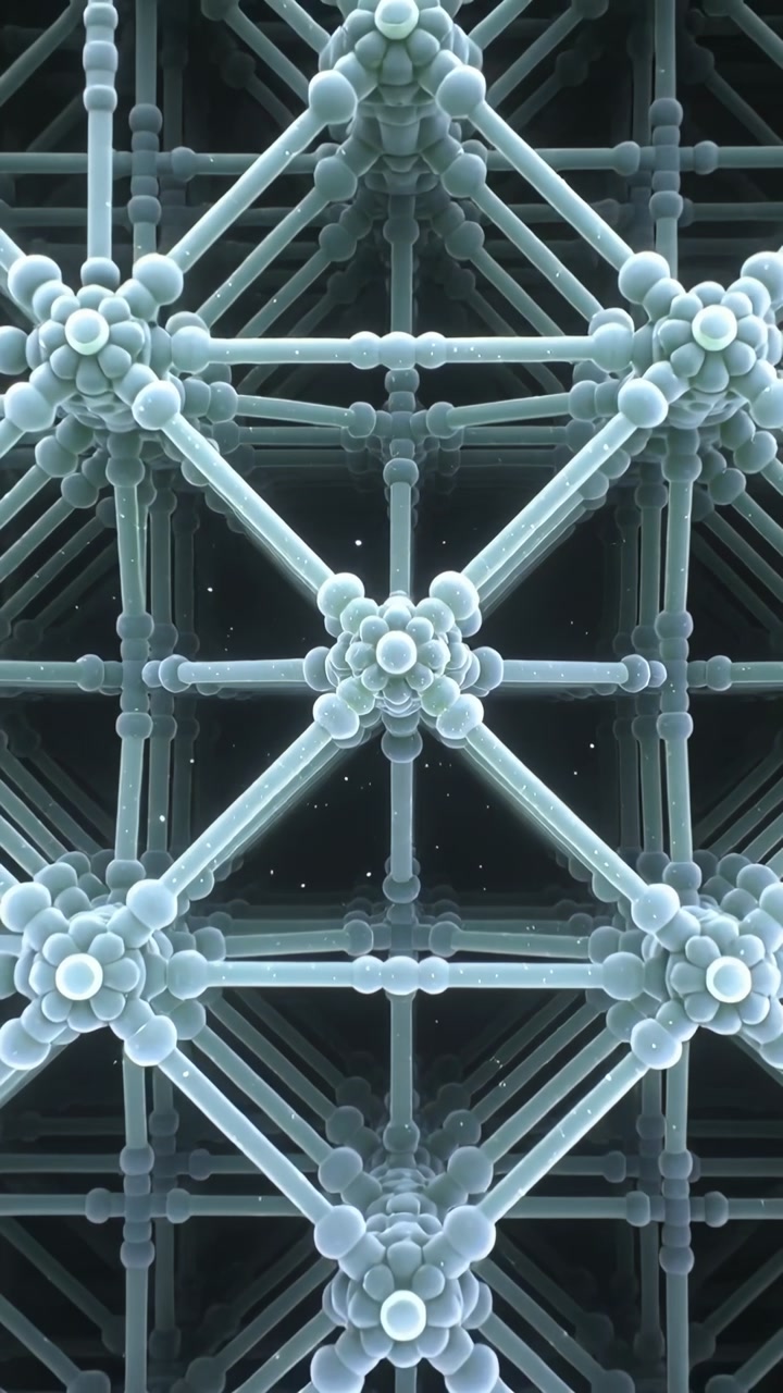 Vertical video: Pulling camera back revealing central node in void with orbs and rods showing grid