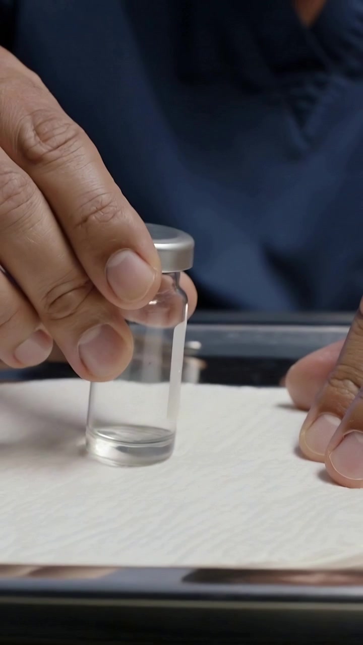 Vertikales Video: Rechte Hand bringt Fläschchen, beide Hände stabilisieren und platzieren es auf einem Handtuch, in einem Labor mit dunkelblauer Arbeitskleidung.