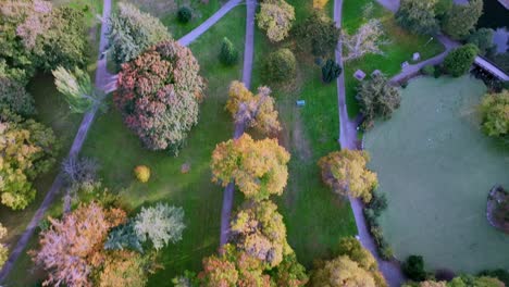 Vista-Aérea-De-Los-árboles-De-Otoño-En-El-Famoso-Parque-Wright-En-Tacoma,-Washington,-EE.UU.