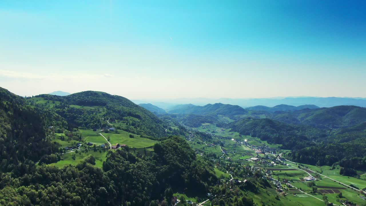 Amazing valley landscape with beautiful nature. Mountains in the background. Slovenia