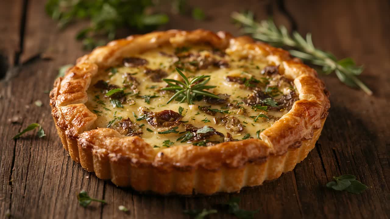 Pushing camera lens tightening frame on savory tart on rustic table, showing rosemary, golden crust