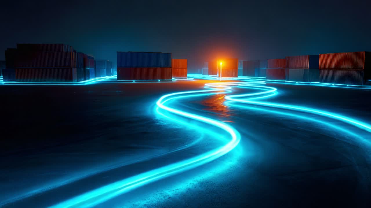 A Futuristic Nightscape of Gleaming Blue Light Trails Winding Through a Cargo Yard with Colorful Containers Illuminated by an Orange Signal, Creating a Dreamlike Atmosphere