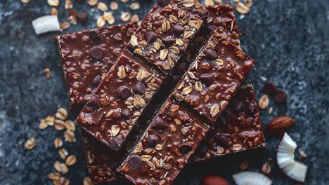 stack of homemade chocolate granola bars with nuts