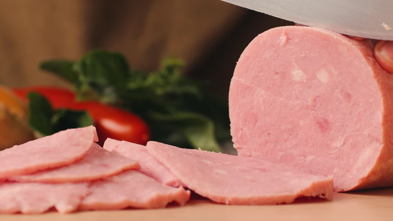 Ham italian mordatella, man Slices Of Traditional Italian antipasti mortadella sausage on a wooden cutting board, close up macro of chicken or turkey jamon, fat breakfast dish.