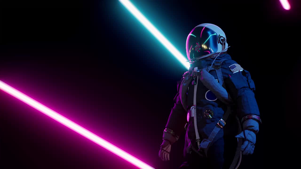 레이저  사이에서 우주복을 입은 우주비행사. 미래의 배경. 루프 3d 비디오