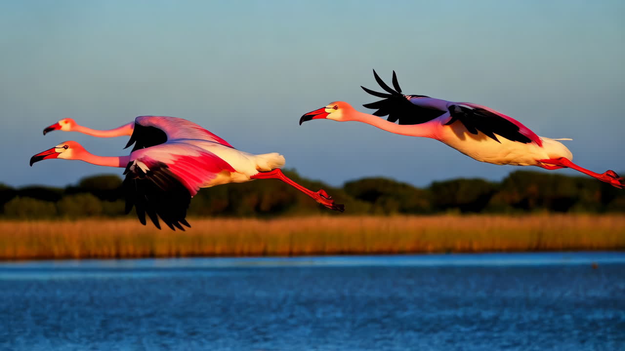 Flamingos Flying Over Water at Sunset