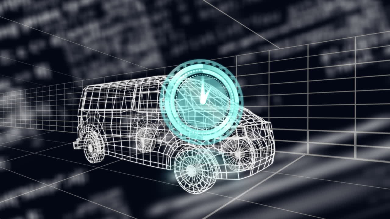 анимация часов и обработка данных над 3d чертежной моделью фургона и сетки