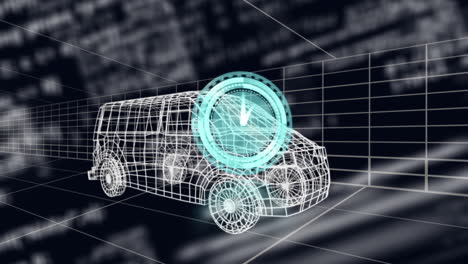 animación del reloj y procesamiento de datos sobre el modelo de dibujo 3d de la furgoneta y la cuadrícula