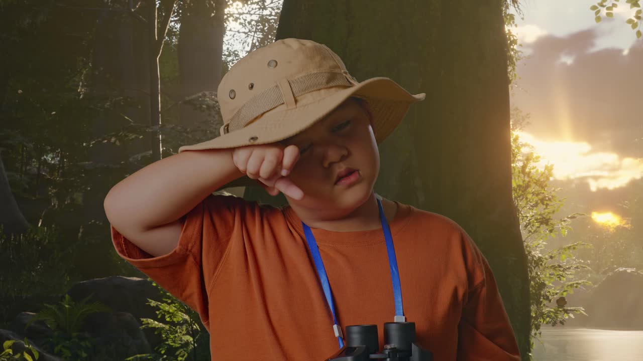모자를 입은 아시안 소년이 을 흘린 얼굴을 아다니며 안경을 고 숲의 자연, 여행, 관광, 모험 개념, 근접을 탐구하는 동안 무언가를 조사합니다.