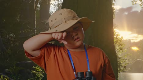 niño asiático con un sombrero se limpia la cara sudorosa después de mirar a través de los binoculares. niño investigador examina algo mientras explora la naturaleza del bosque, concepto de aventura de turismo de viaje, de cerca