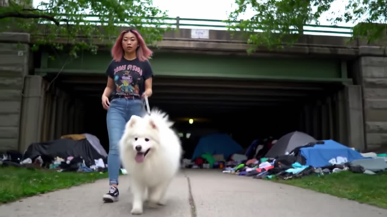 A young woman with pink hair walks her friendly Samoyed dog through a park lined with tents, showcasing a bond between pet and owner amidst urban surroundings.