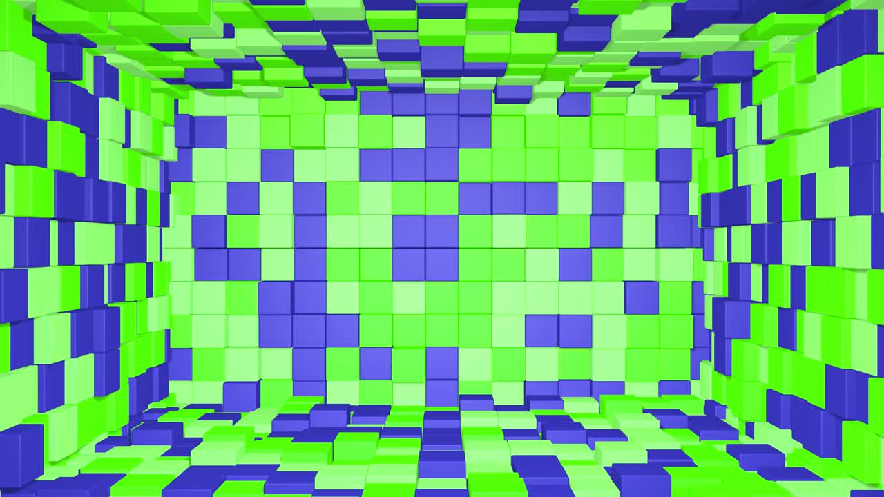 interior de la habitación abstracta con cubos púrpura verde. cubo de caja fondo geométrico aleatorio. fondo de mosaico de píxeles cuadrados. bloques de tierra. maqueta para su proyecto. bucle de animación 3d de 4k