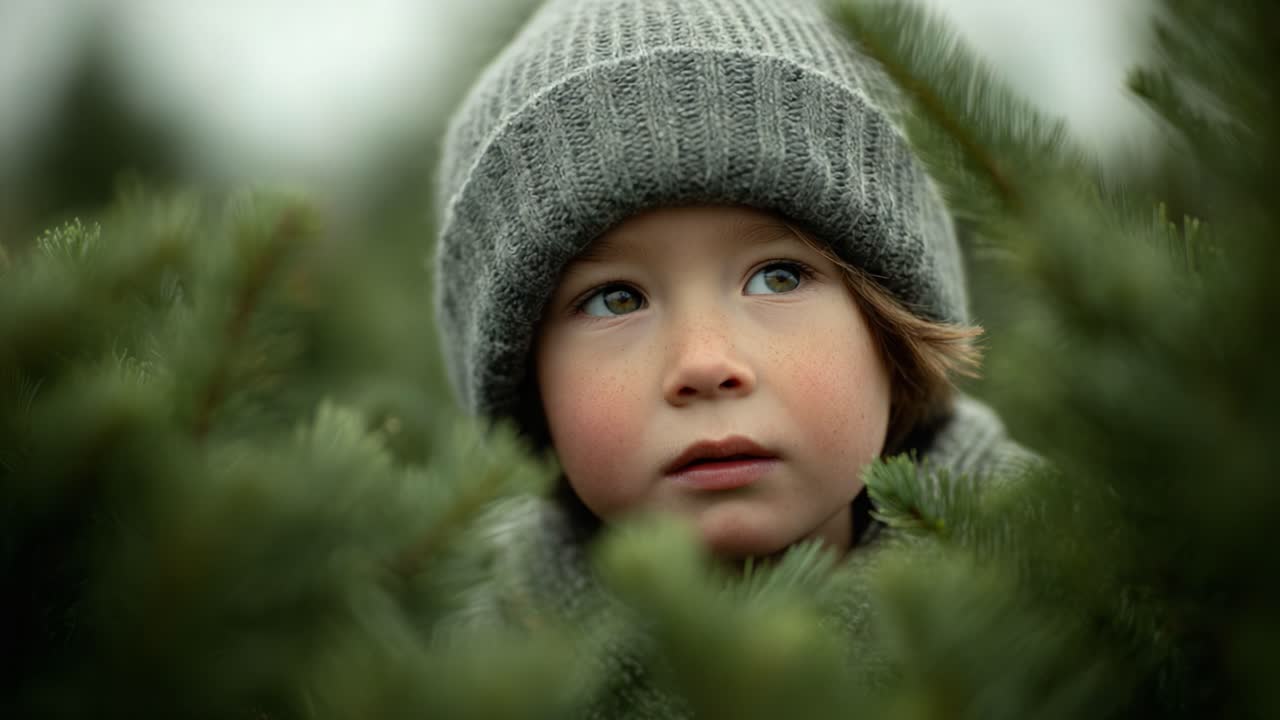 A Young Child in a Gray Beanie Surrounded by Lush Greenery, Capturing a Moment of Wonder and Curiosity in Nature