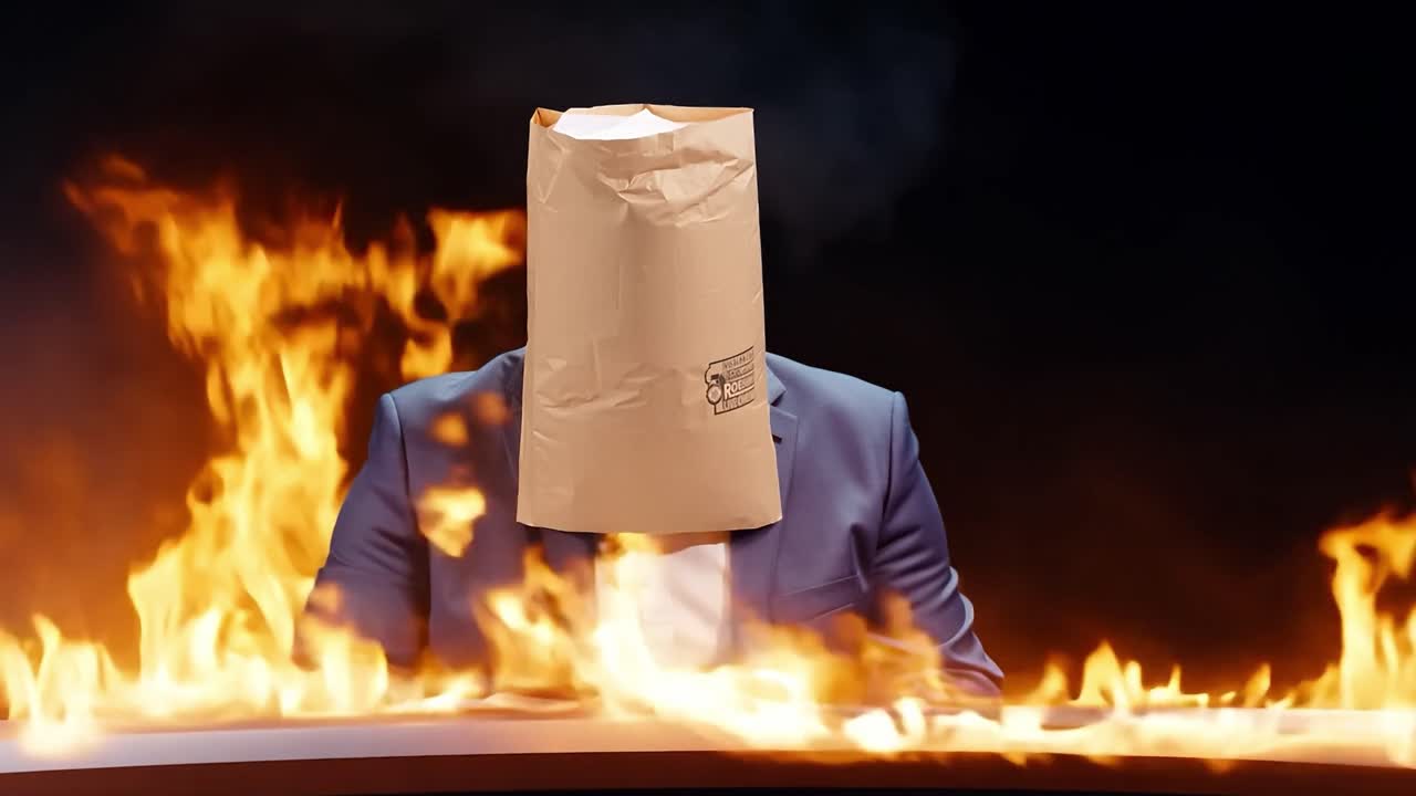 머리 위에 종이 봉투를 들고 불에 앉아 있는 남자