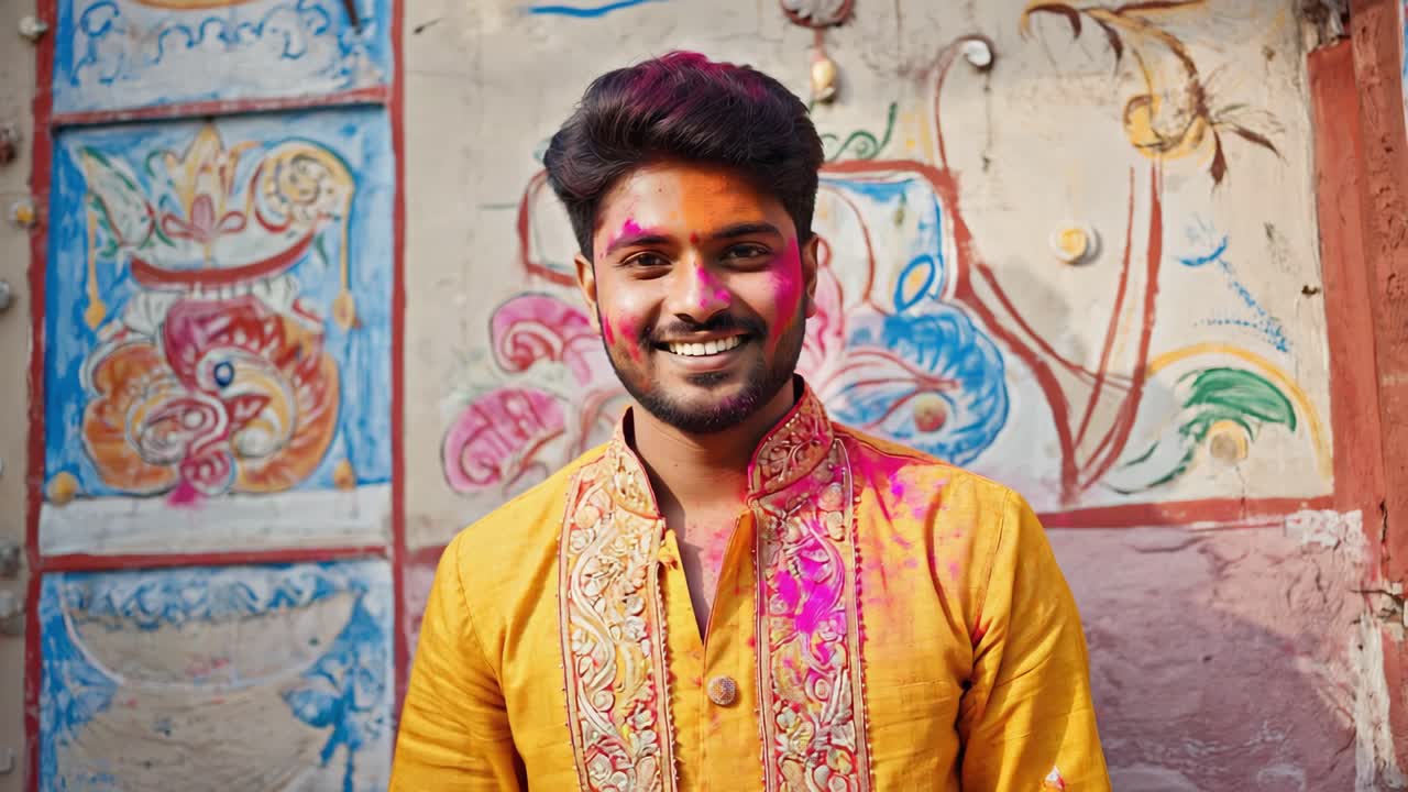 Young man smiling and celebrating Holi festival with colorful gulal powder on his face, wearing traditional clothes and standing in front of a decorated wall