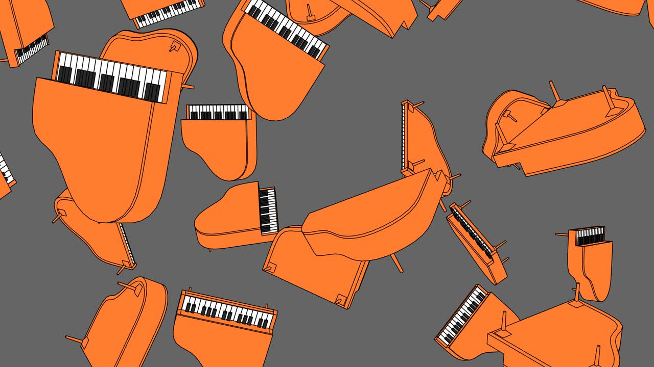 회색 바탕에 많은 오렌지색 피아노가 있습니다.