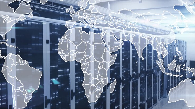 Animation of world map and data processing over computer servers