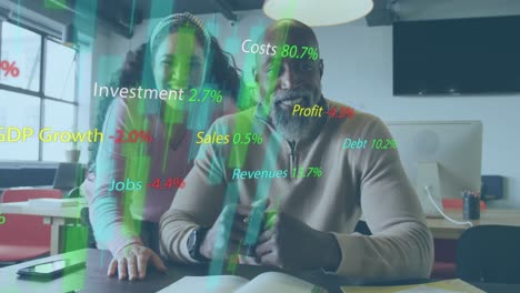 animation of financial data processing over diverse business people smiling at office