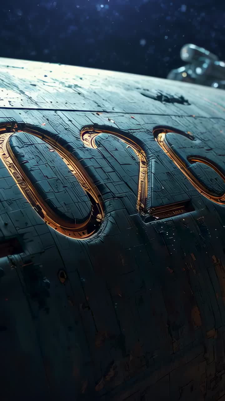 Vertical video: Panning camera showing curved hull in space, exposing recessed numerals, warm glow