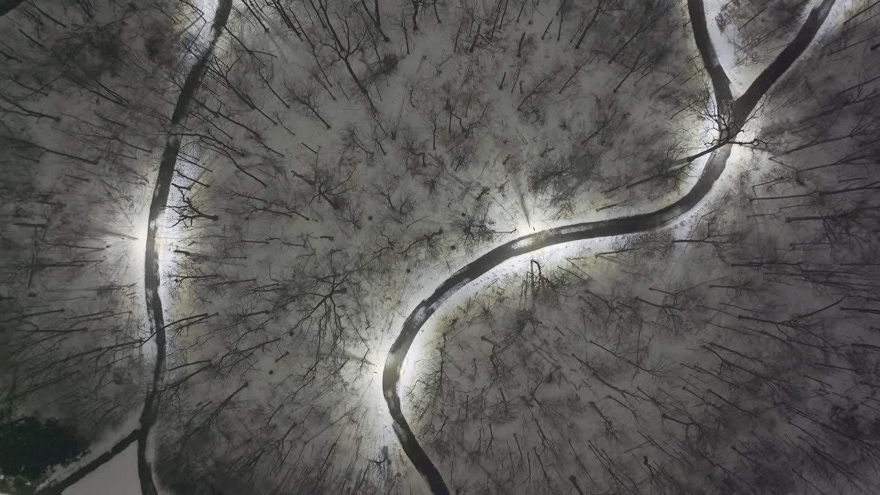 Night aerial view of snowy road in Meadowvale, serene winter mood