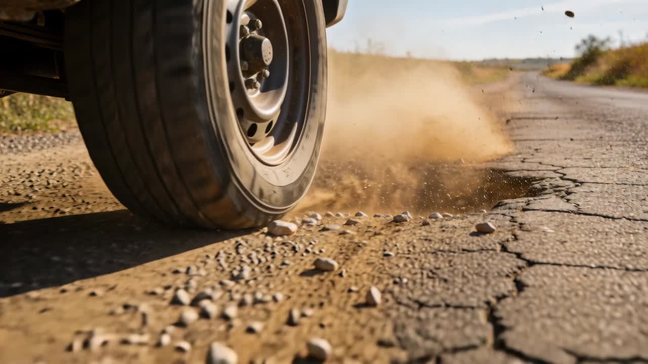 Rolling vehicle wheel kicking up gravel on rural road after hitting pothole, creating dust plume