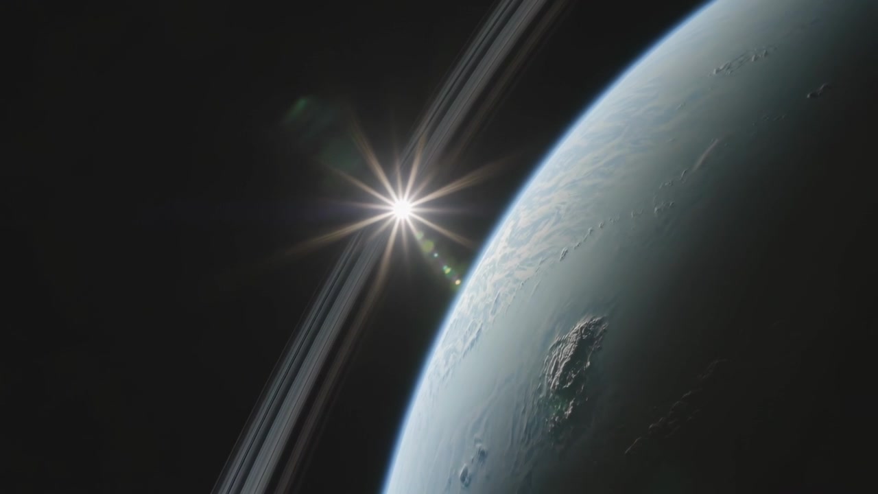 Rising star brightening behind ringed planet, producing multi-rayed flare and showing limb texture