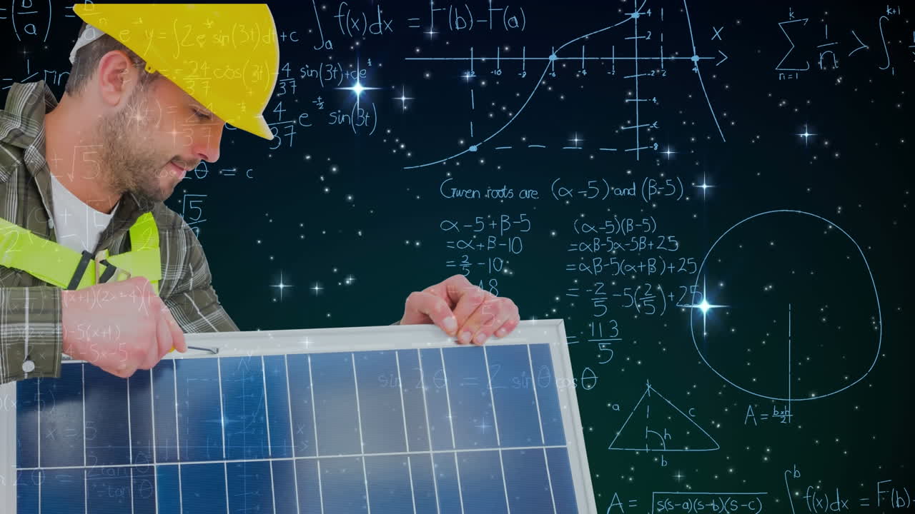Animation of mathematical equations over caucasian male worker with solar panel