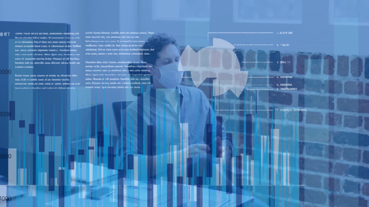Animation of financial data processing over businessman wearing face mask