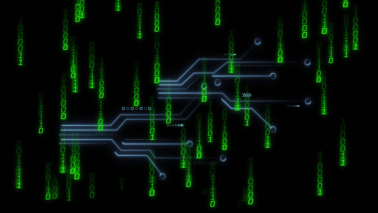 Animation of binary coding and data processing on black background