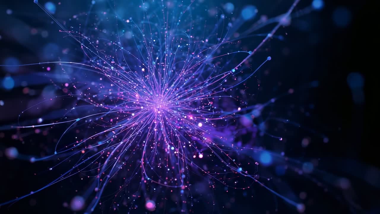 Luminous core emitting tendrils and sparkling particles in dark void, after initial pulse