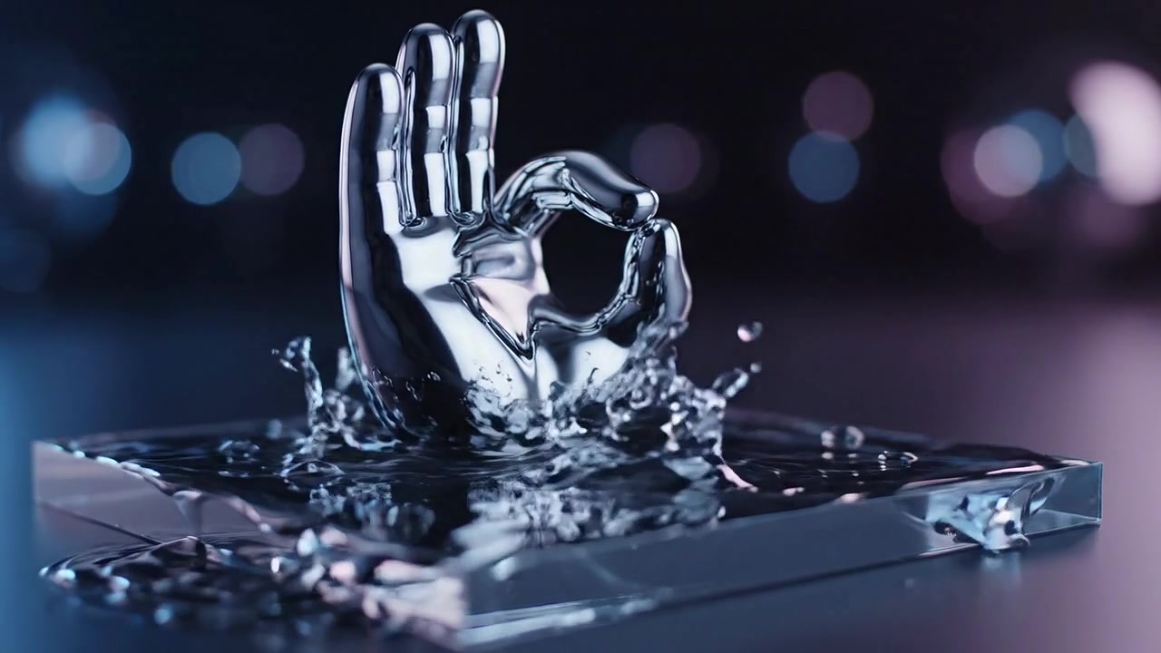En glänsande metallisk handskulptur visar en perfekt "OK"-gest, reflekterar ljus och är omgiven av droppar, vilket skapar en konstnärlig och modern visuell effekt.